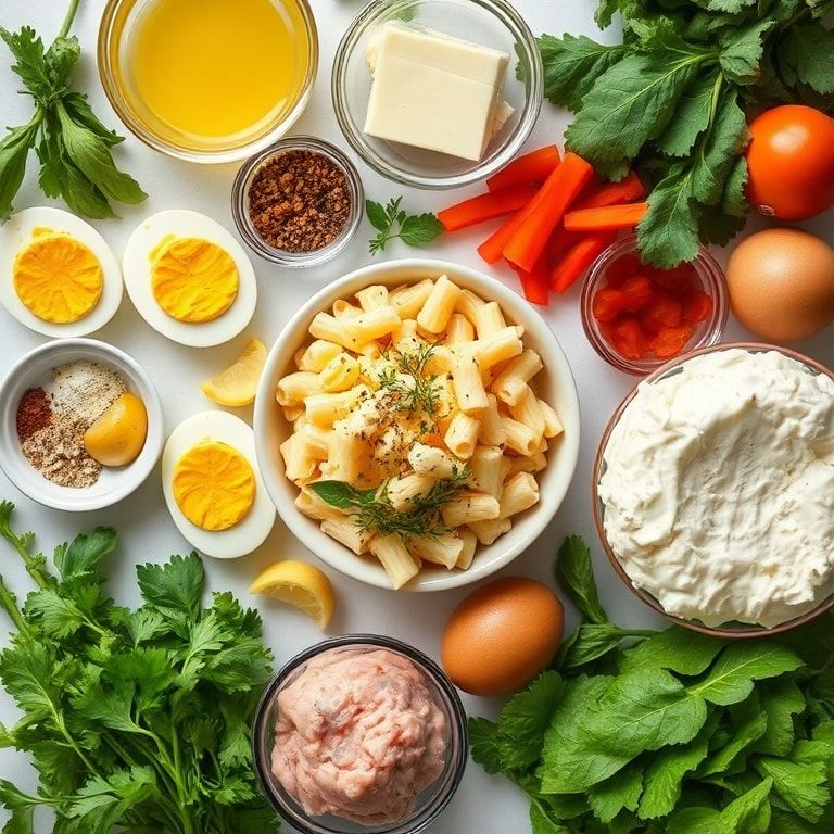 Ingredients for Creamy Deviled Egg Macaroni Salad for Easy Summer Dinner – Quick Homemade Comfort
