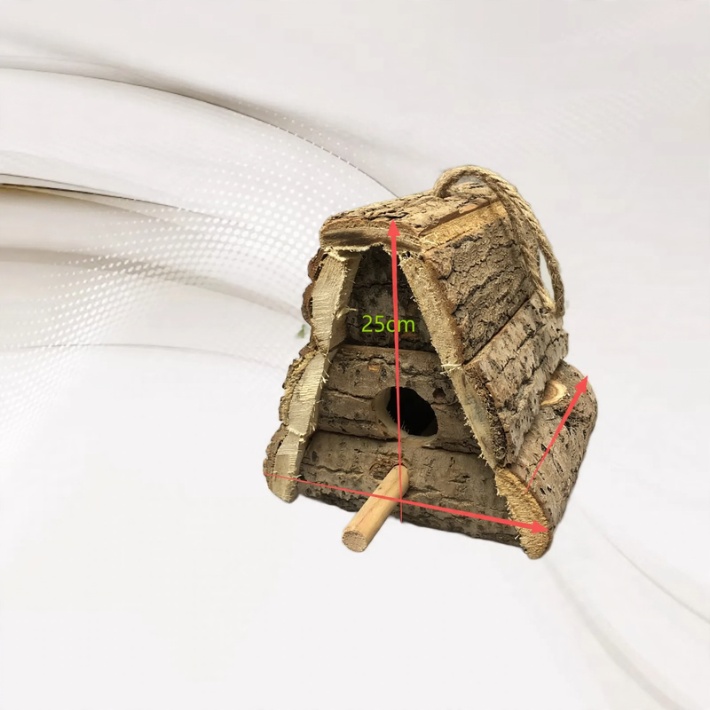 Rustic wooden birdhouse with bark