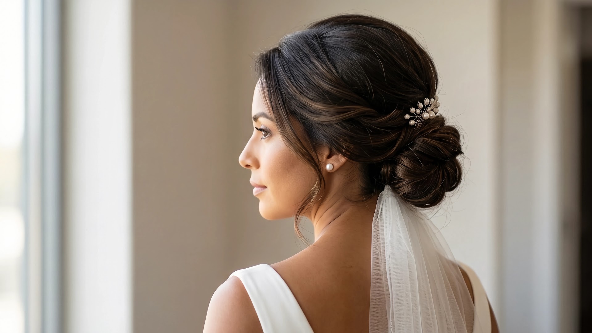 Novia con peinado profesional personalizado y tocado antes de su boda.