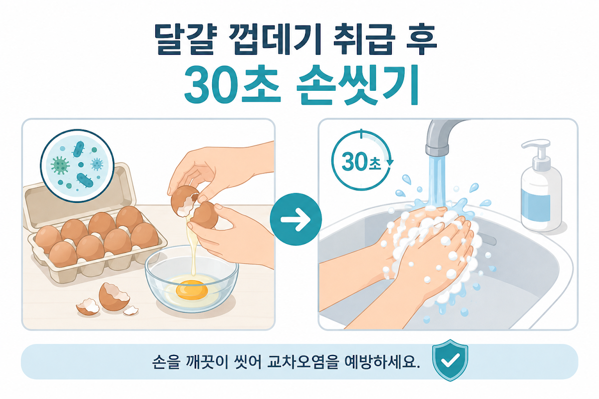 달걀 조리 전후 30초 손씻기와 교차오염 예방