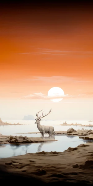 Sunset, Deer, Antlers, Lake, Surreal 4K iPhone Wallpaper Background