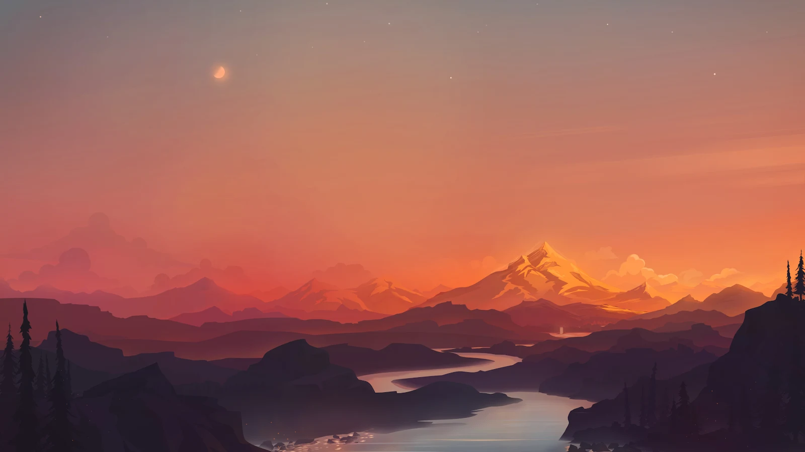 Digital Painting, Landscape, Mountains, River, Sky 2K Desktop Wallpaper