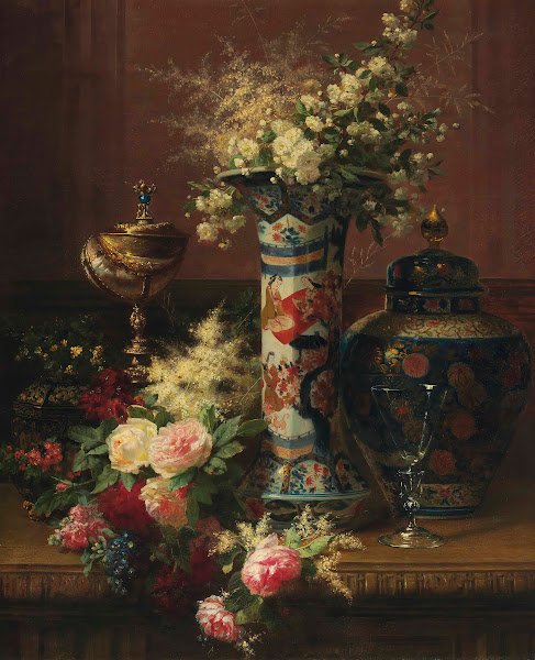 Roses Peonies and Forget me nots in a Japanese Vase 1870