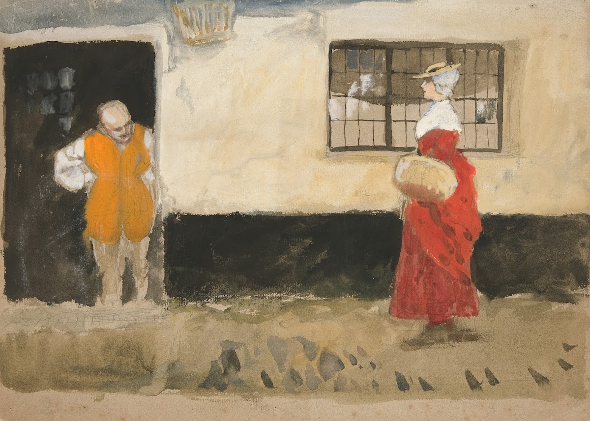 Study of street scene man at door woman in reddress
