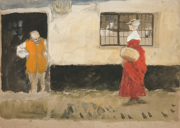 Study of street scene man at door woman in reddress