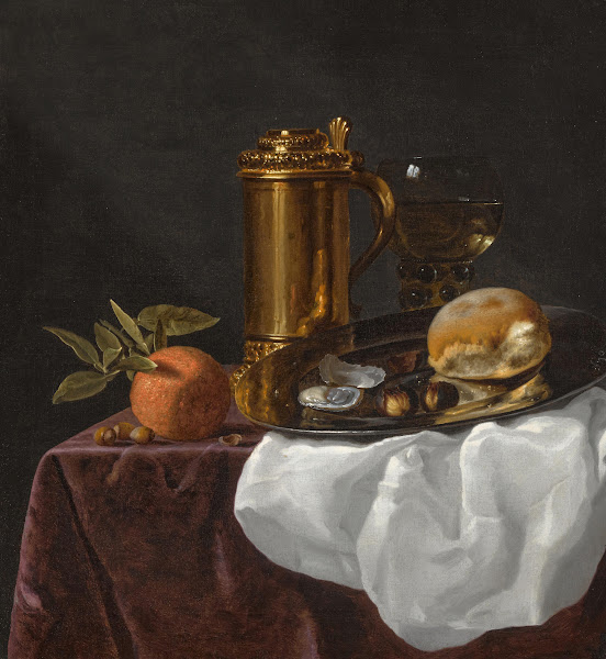 Still life with a 17th century German tankard with oysters bread and an orange r