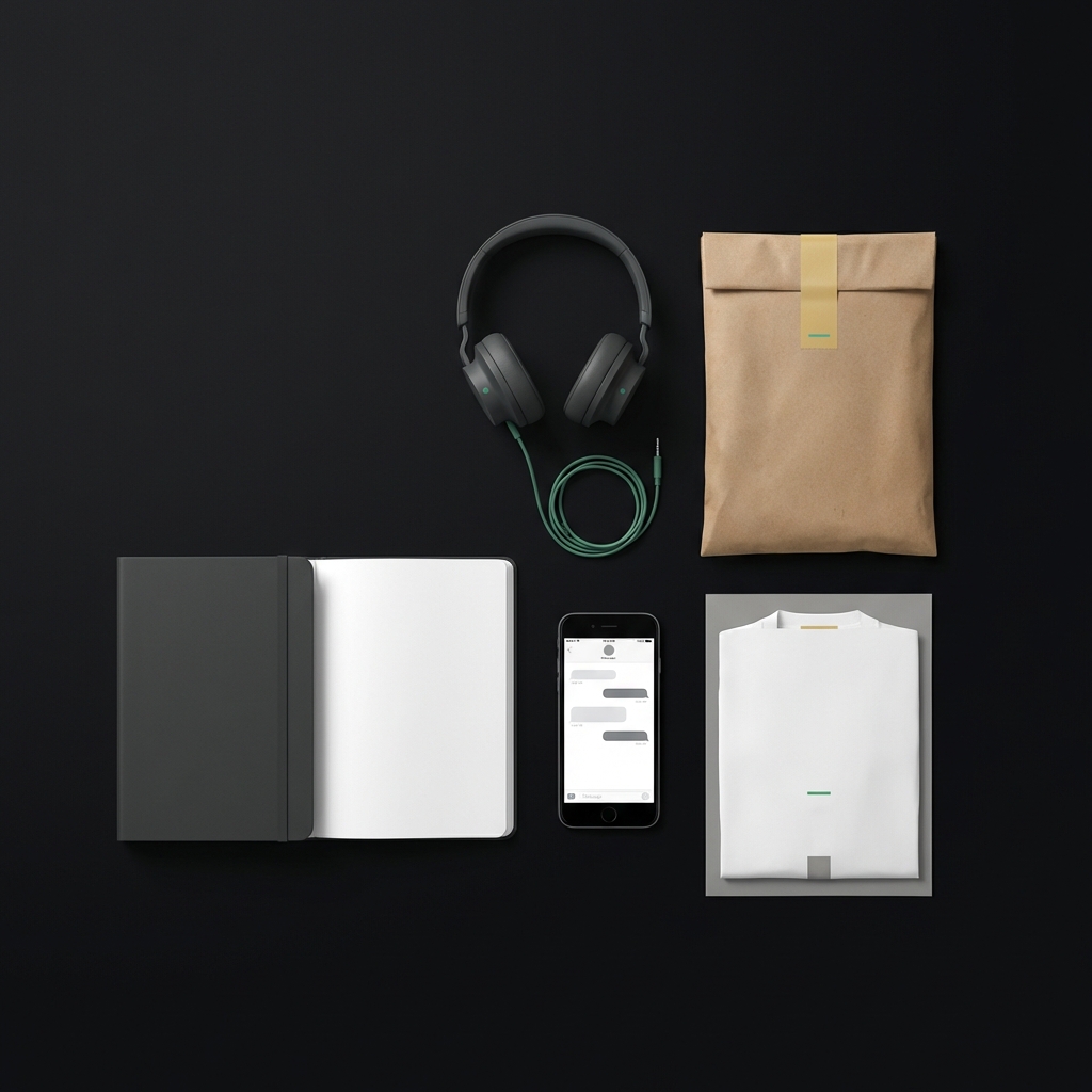 Flat lay tools for best side hustles for beginners notebook headphones phone chat app print mockup thrift package dark background green gold accents