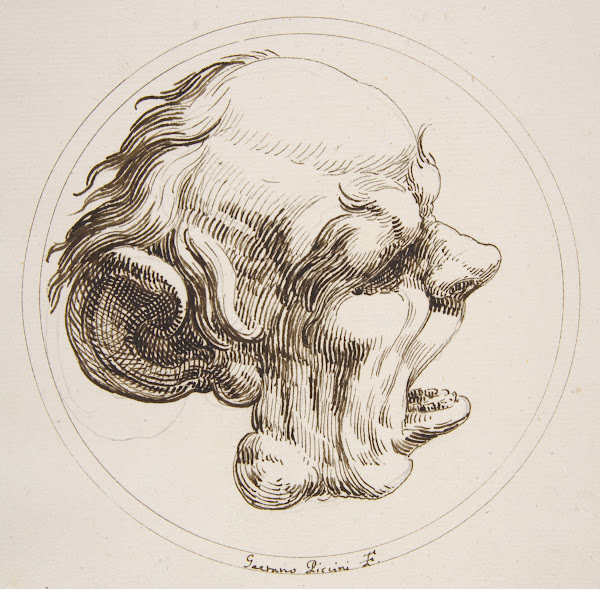 Grotesque Head With a Large Ear and an Open Mouth Looking to the Right Within a