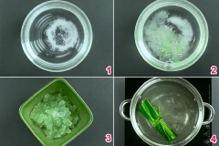 Hòa 1 muỗng cà phê muối vào 1 tô nước, sau đó ngâm nha đam đã cắt nhỏ vào nước muối khoảng 10 phút cho nha đam bớt nhớt và đắng. Sau đó vớt ra rửa lại với nước sạch nhiều lần cho nha đam thật sạch nhớt, sau đó để ráo. Đun nóng 2 lít nước cùng với 200g đường phèn và 1 bó lá dứa, nước sôi bạn cho vào 1/4 muỗng cà phê dầu chuối rồi cho nha đam vào rồi tắt bếp.