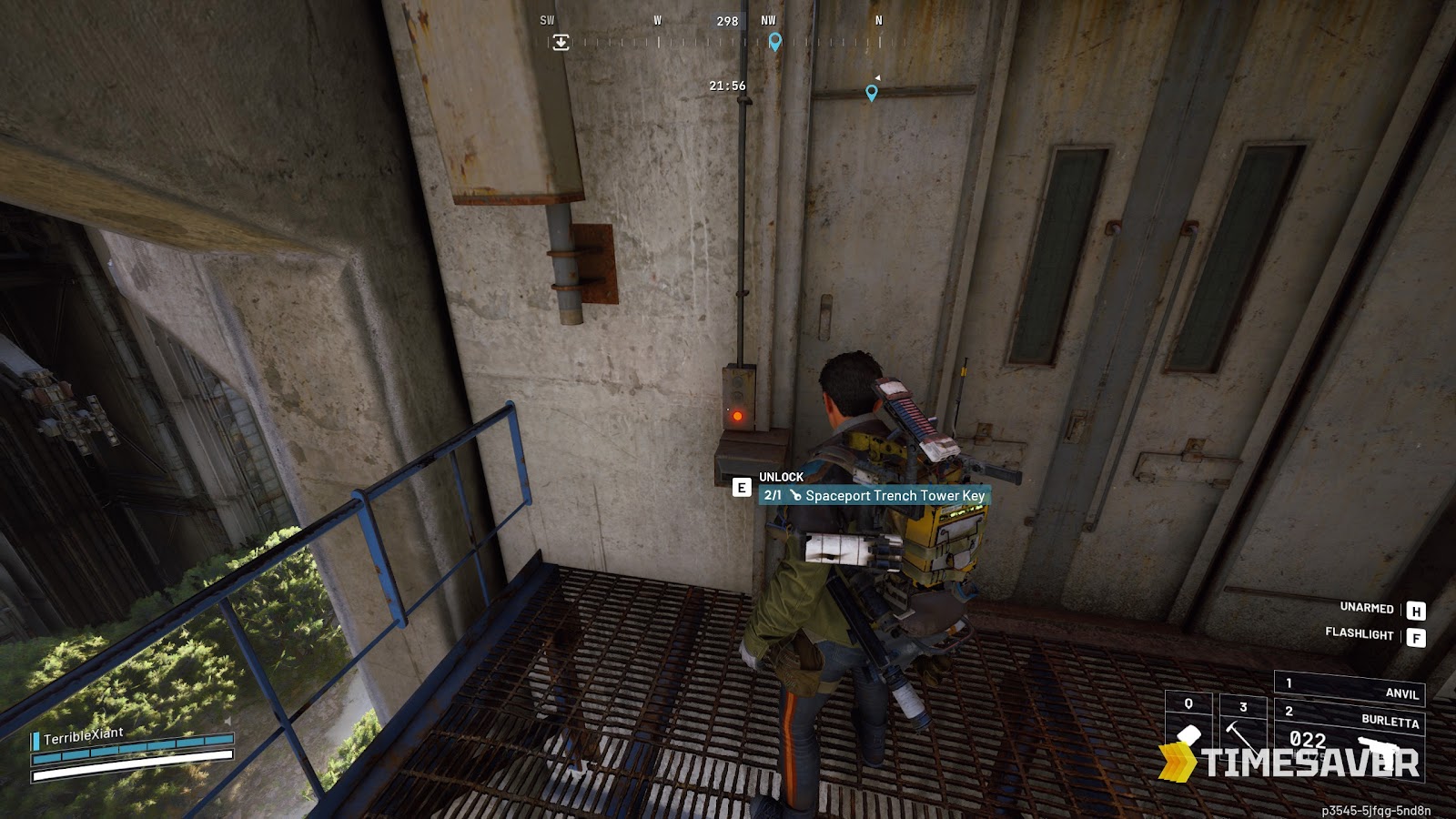 ARC Raiders North Spaceport Trench Tower locked door showing the Unlock Spaceport Trench Tower Key prompt