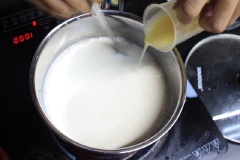 Cách làm sữa chua: Cho sữa tươi và sữa đặc vào nồi, khuấy đều bằng muỗng. Bắt đầu nấu với lửa nhỏ. Nấu đến khi sữa nóng, có khói bốc lên. Thỉnh thoảng dùng muỗng đảo nhẹ sữa. Sau khi thấy sữa đã đủ độ nóng, nhấc ra khỏi bếp và đợi sữa nguội bớt. Đến khi bạn sờ 2 tay vào nồi thấy còn ấm là được!