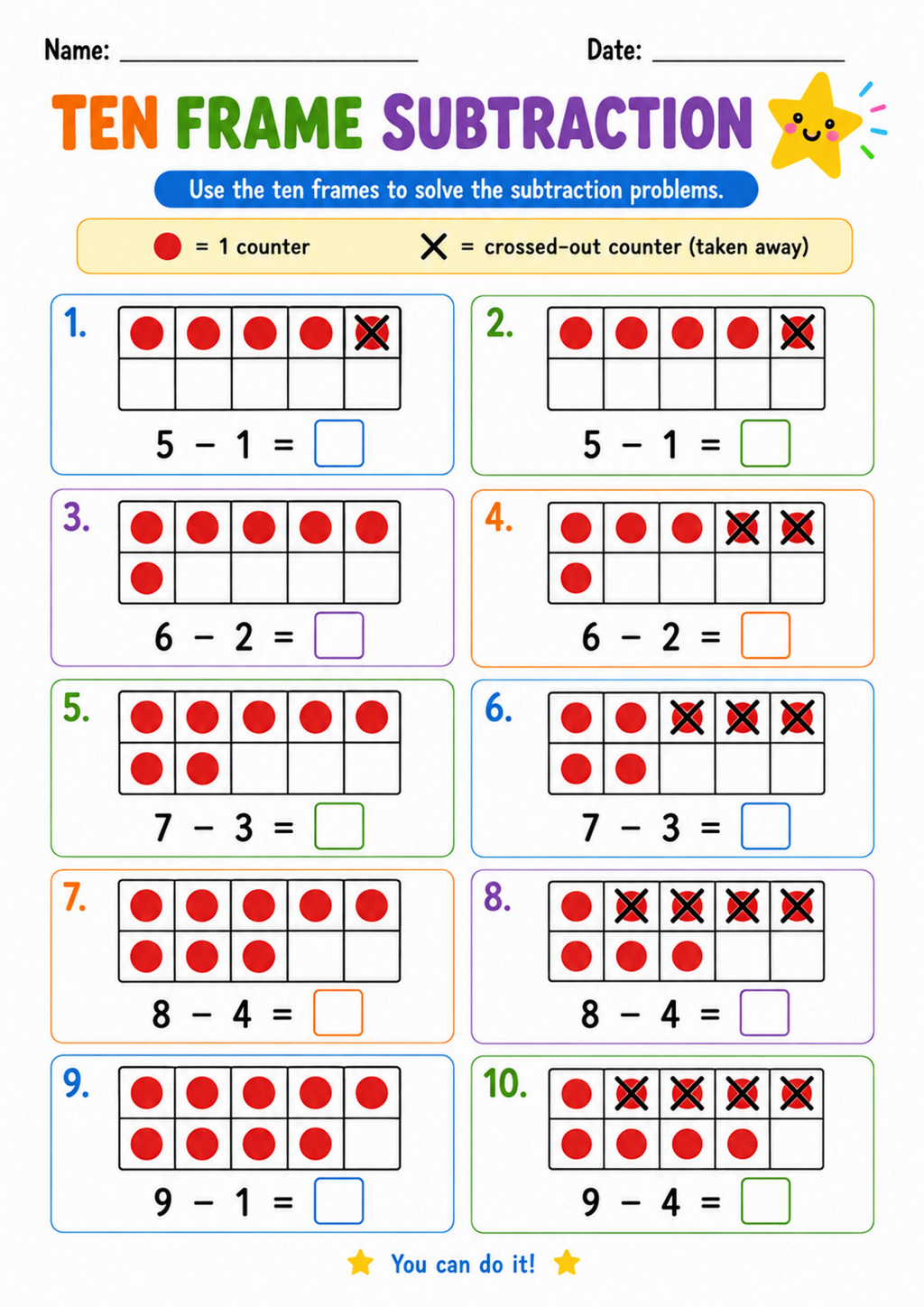 Ten Frame Subtraction Worksheet