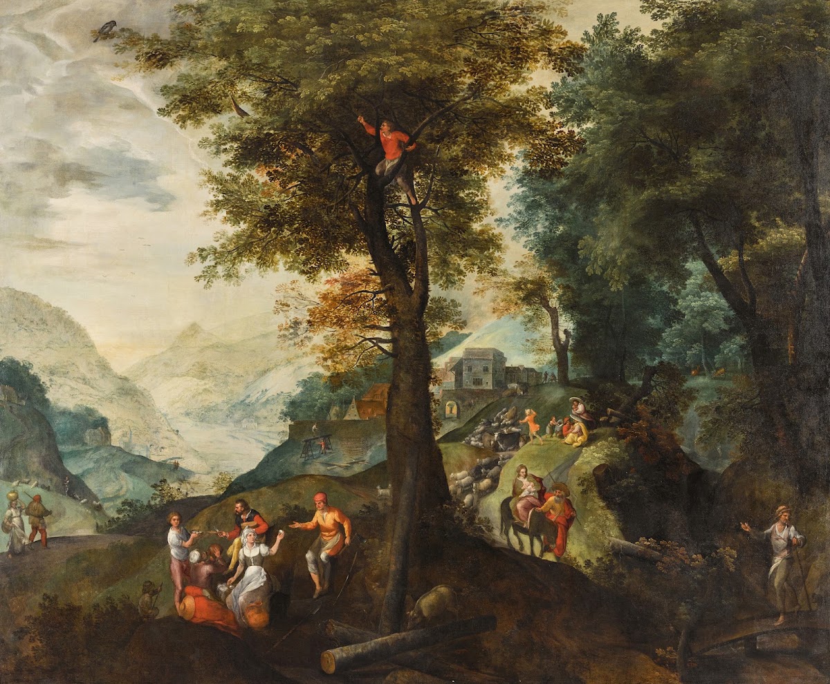 Extensive wooded landscape with travellers shepherds tending their flock and the