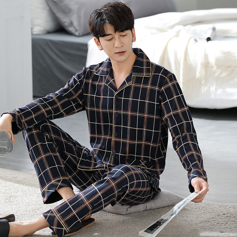 Herren-Pyjama-Set, Baumwolle, Langarm, mit Knopfleiste