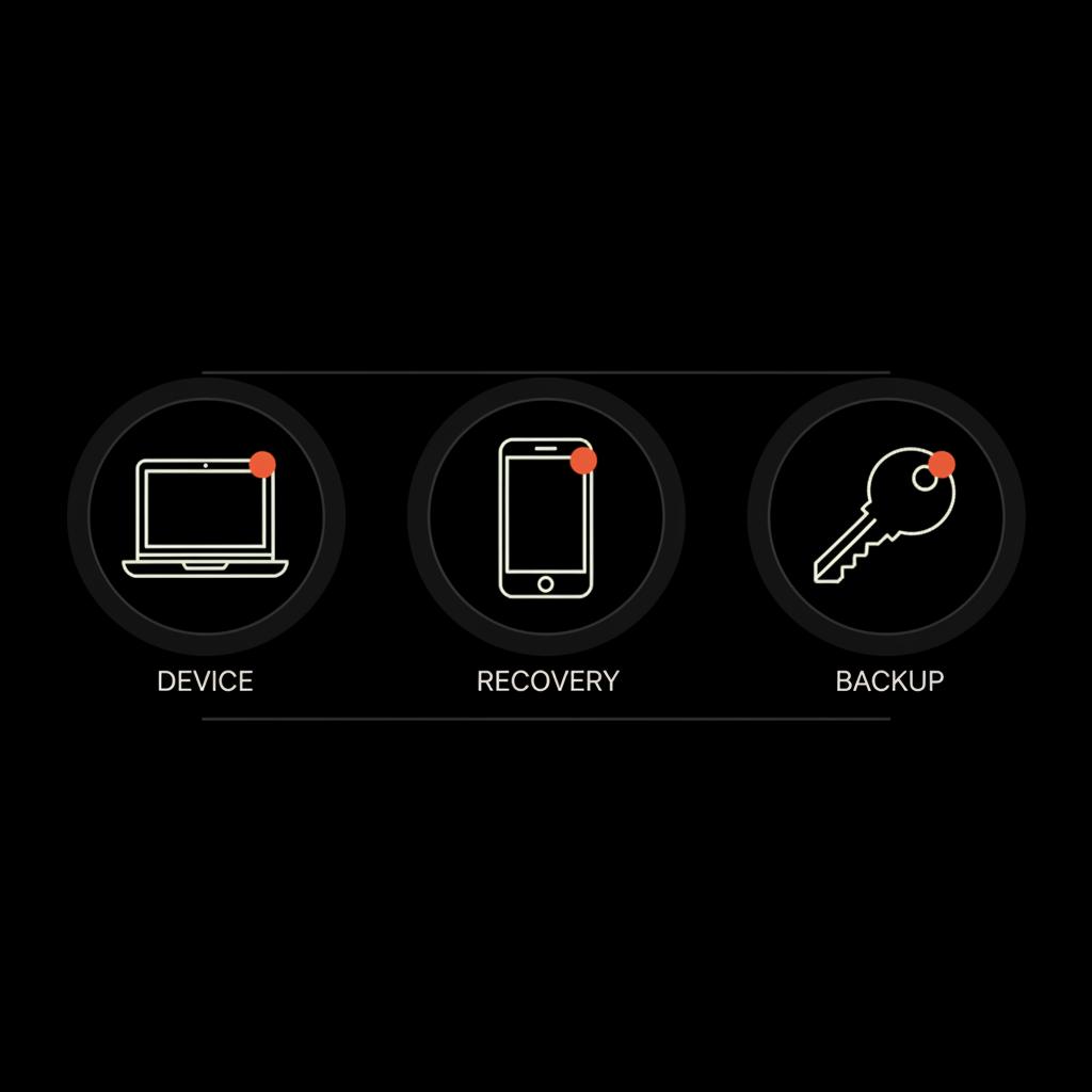 Minimal full-frame vector infographic with laptop, phone, and key icons representing trusted device, recovery method, and backup codes to recover Google account password