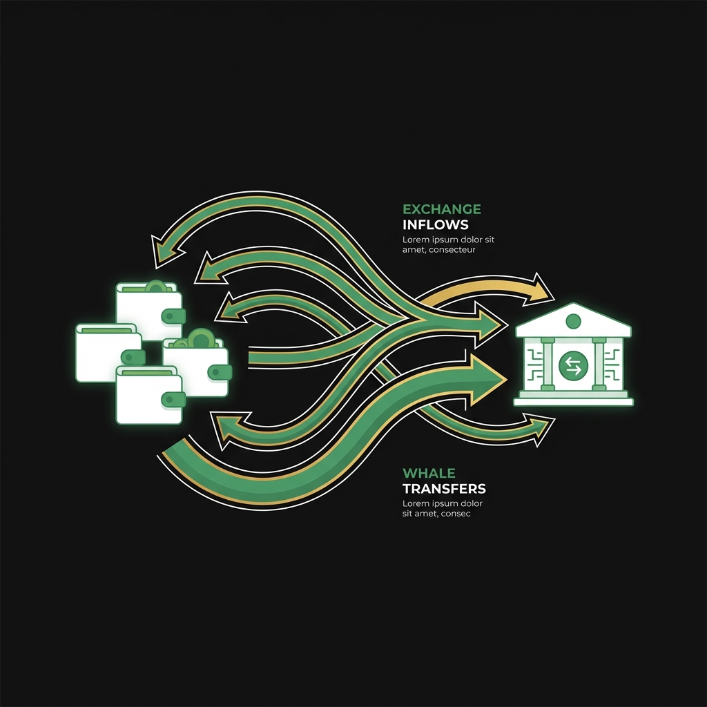 Minimalist vector of on chain flows showing arrows from wallets to an exchange labeled exchange inflows and whale transfers on dark background crypto crash today
