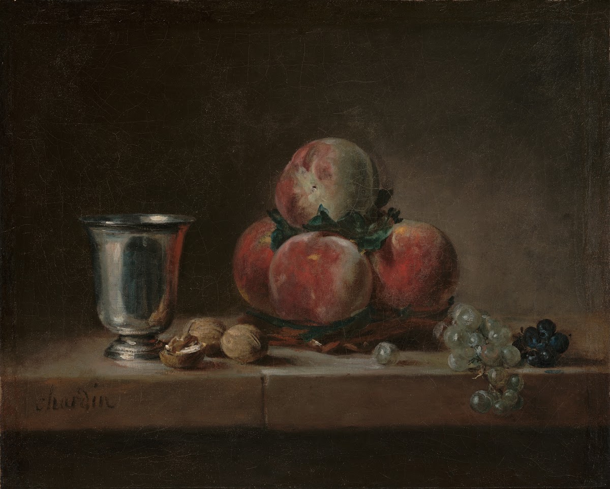 Still Life with Peaches a Silver Goblet Grapes and Walnuts about 17591760