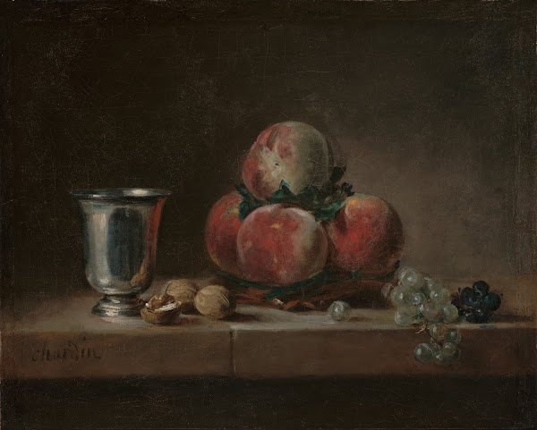 Still Life with Peaches a Silver Goblet Grapes and Walnuts about 17591760