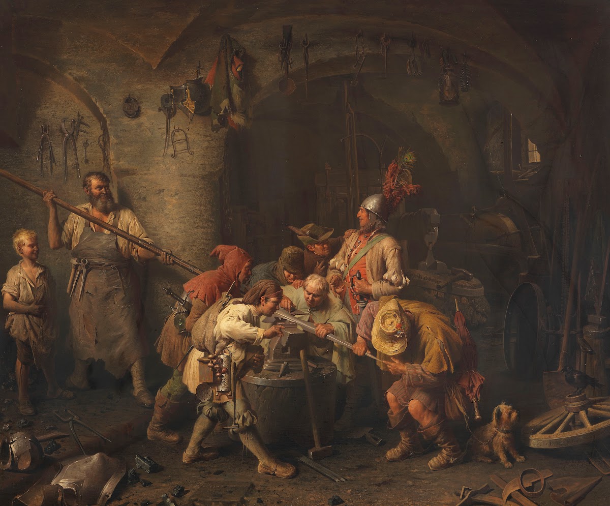 Die sieben Schwaben in der Schmiede beim Prüfen ihres Spießes 1866