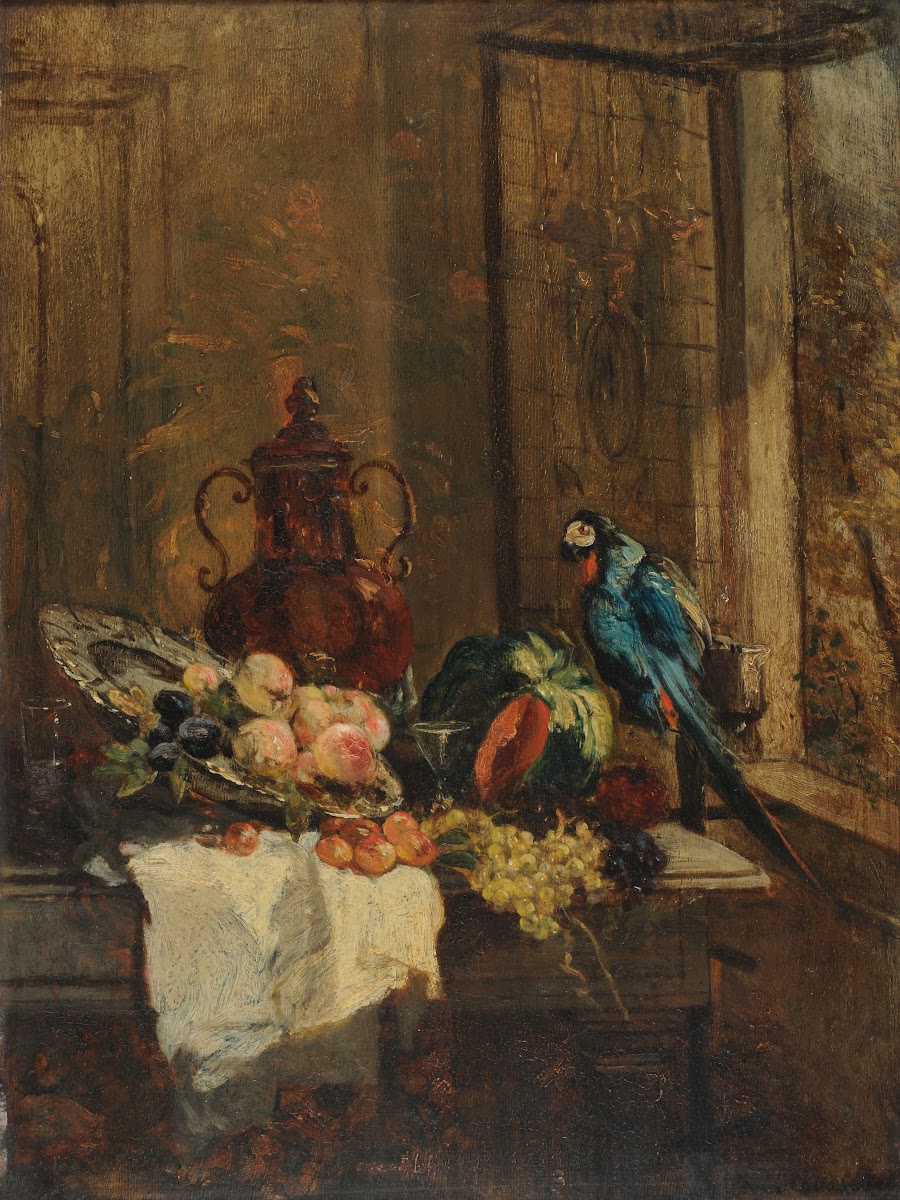 Nature morte et perroquet près dune fenêtre ouverte before 1882