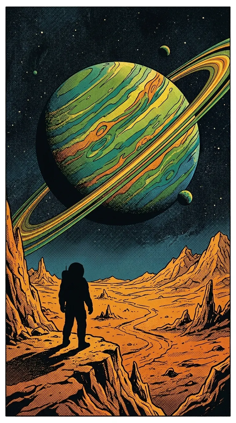 Vintage Style Space Poster of Explorer on Alien Planet - Free 4K mobile Wallpaper