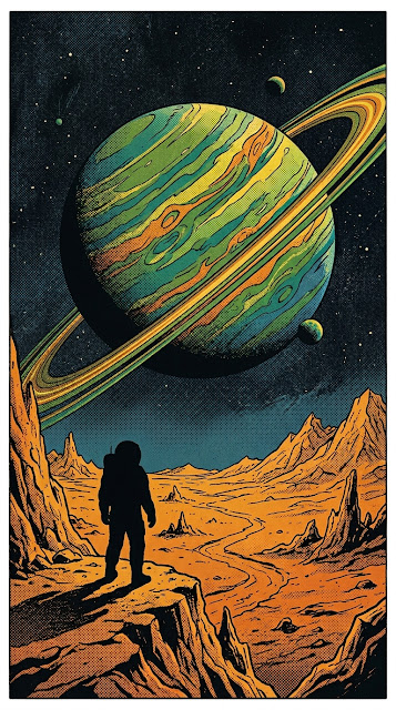 Vintage Style Space Poster of Explorer on Alien Planet - Free mobile Wallpaper