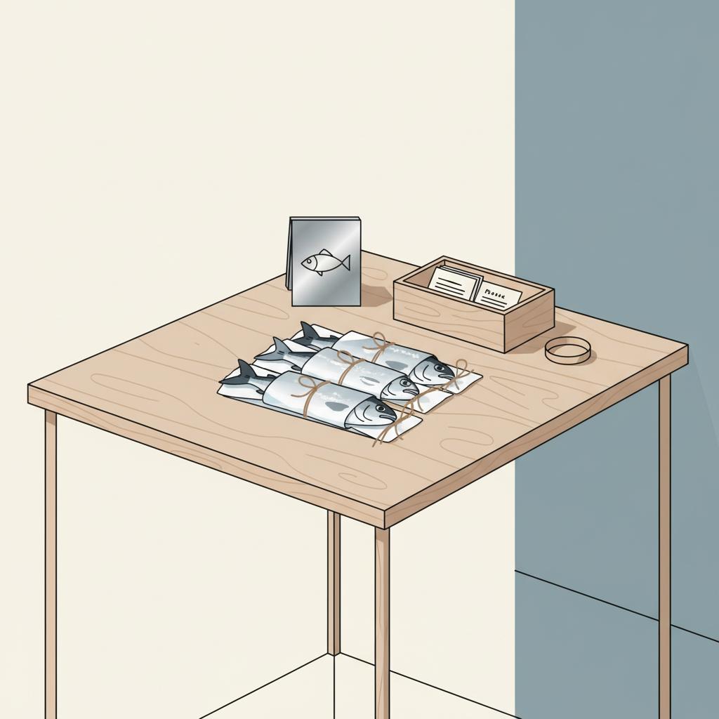 Minimalistisches 2D-Vektor-Stillleben eines Angler-Markttischs mit frisch verpacktem Fisch, Metall‑Schild mit Fischmotiv und Holzschachtel für Rezeptkarten, dezenter #0044CC-Akzent.