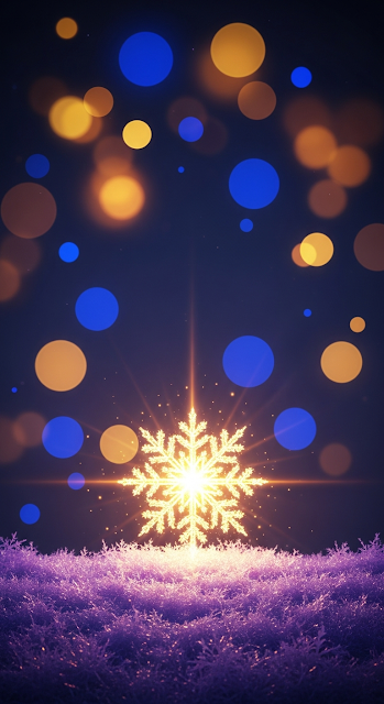 Abstract Macro of a Glowing Gold Snowflake Surrounded by Vibrant Orange and Blue Bokeh Lights - Free mobile Wallpaper