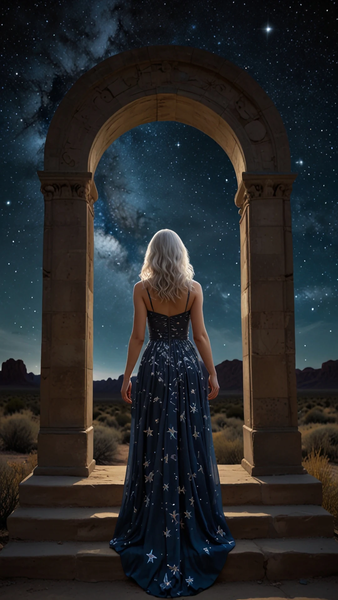 Woman in Star Dress Under Desert Archway at Night - Free 4K mobile Wallpaper