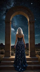 Woman in Star Dress Under Desert Archway at Night