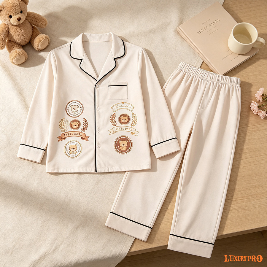 AOP Trimmed Full Length Children's Long Sleeved Pajama Set with One Pocket on Chest