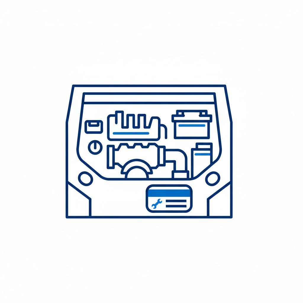 Minimalist 2D vector illustration of an engine bay with a close up service sticker representing maintenance history checks on a clean white background mazda cx 5 for sale