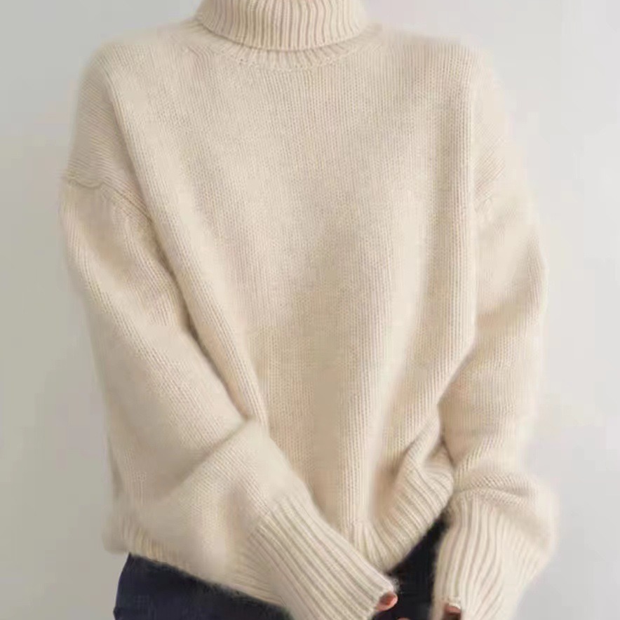 Women's wool sweater, high collar, loose fit