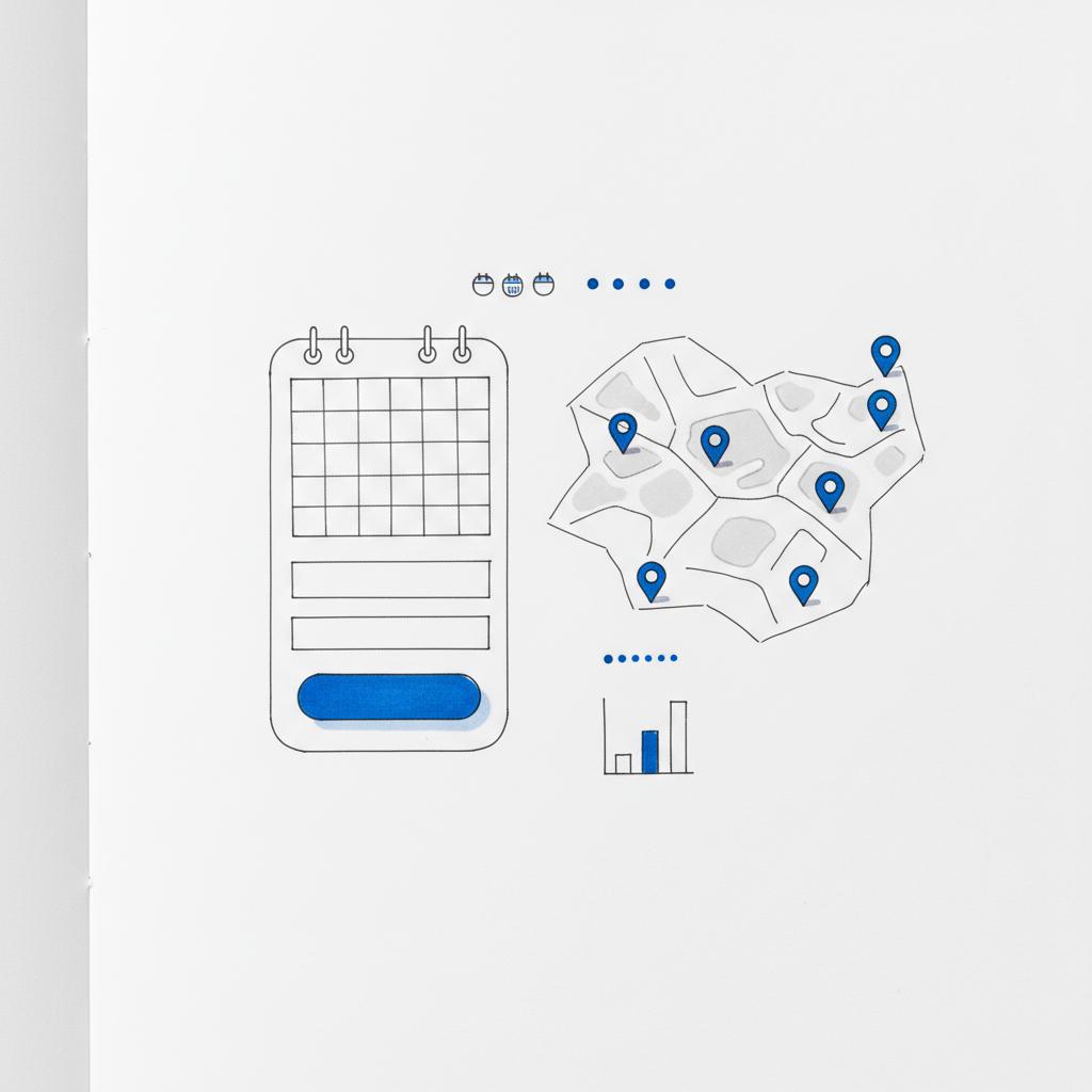 Does Housecall Pro have a website builder? Top-down notebook sketch of a booking widget and a service-area map with pins, dark gray lines (#39383f) and blue accents (#1a5bfb) on white