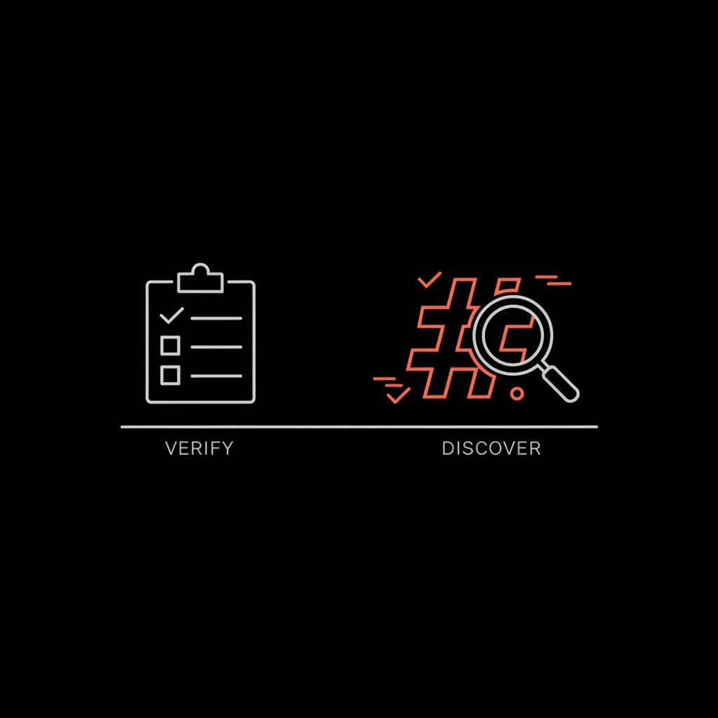 Minimal flat infographic of a checklist and magnifying glass over a hashtag icon on a black background using Social Success Hub brand colors — which hashtag is trending now