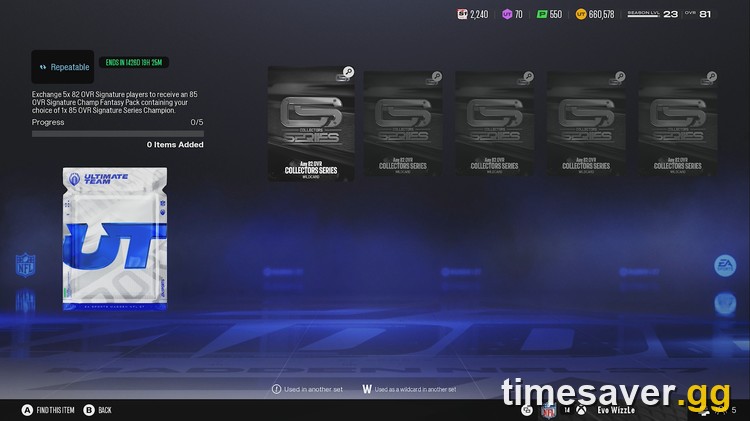 Madden NFL 27 Ultimate Team 85 OVR Signature Series Champion set screen: exchange five 82 OVR Signature players for a choice of an 85 OVR Signature Series Champion