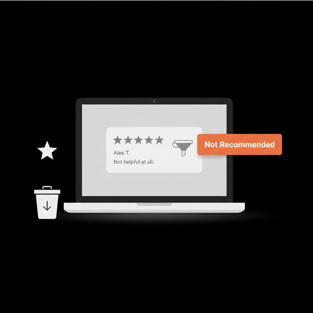 Minimal vector infographic of a laptop with a generic review card being filtered into a 'Not Recommended' box, illustrating a Yelp review removed concept.