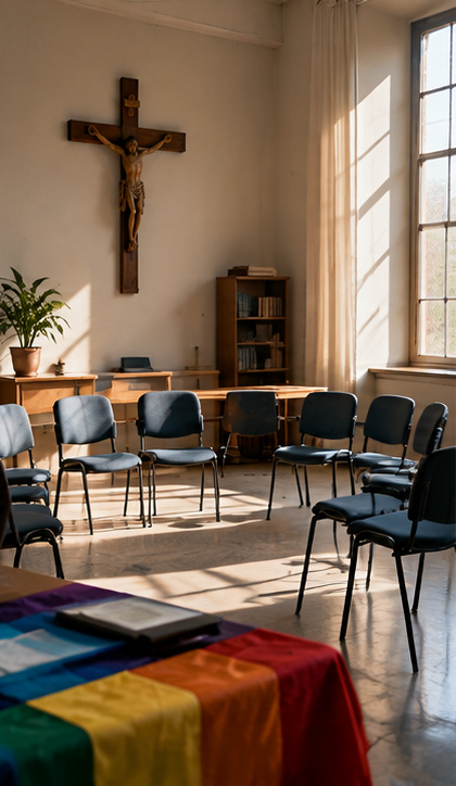 Sala vazia de encontro eclesial com crucifixo