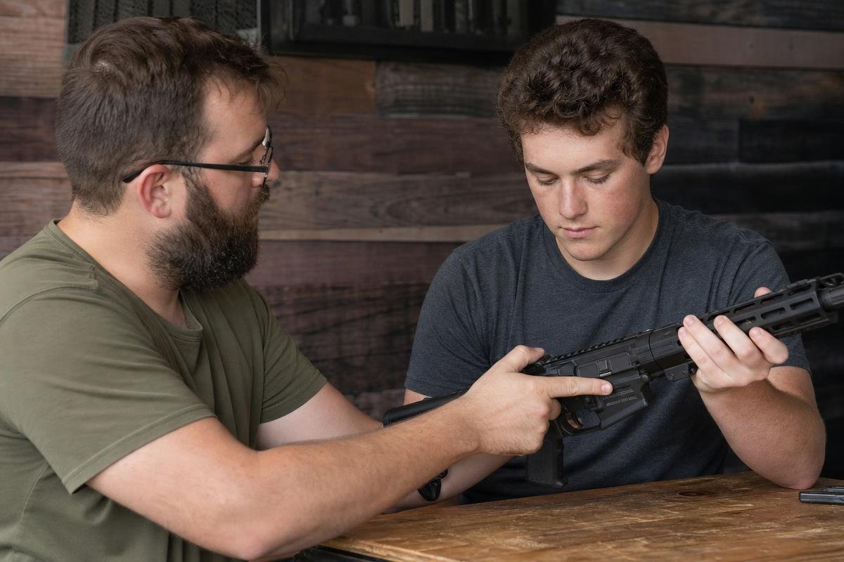 First-time shooter receiving supervised firearms instruction