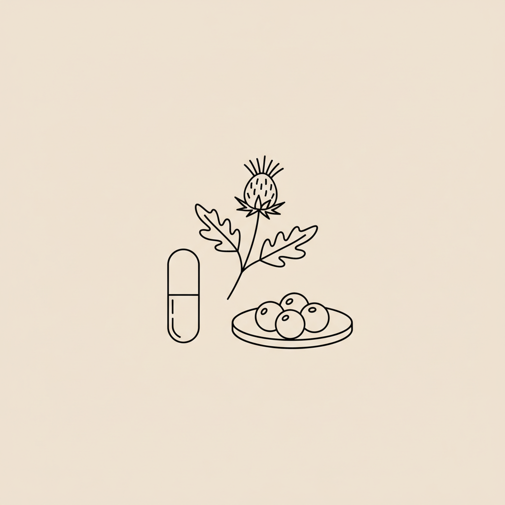 Minimalist Tonum-style line illustration of a capsule, milk thistle sprig, and plate of berries on a beige background representing fat burner ingredients.