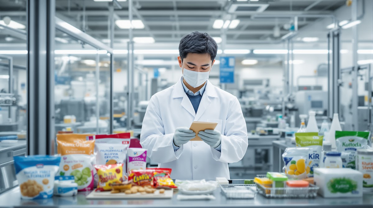 한국 식품 연구소 실험실에서 알룰로스, 스테비아, 에리스리톨, 자일리톨 등 대체 감미료 샘플과 무설탕 간식 제조 공정이 안전하게 진행되는 모습, 연구원이 제품 라벨을 확인하는 장면