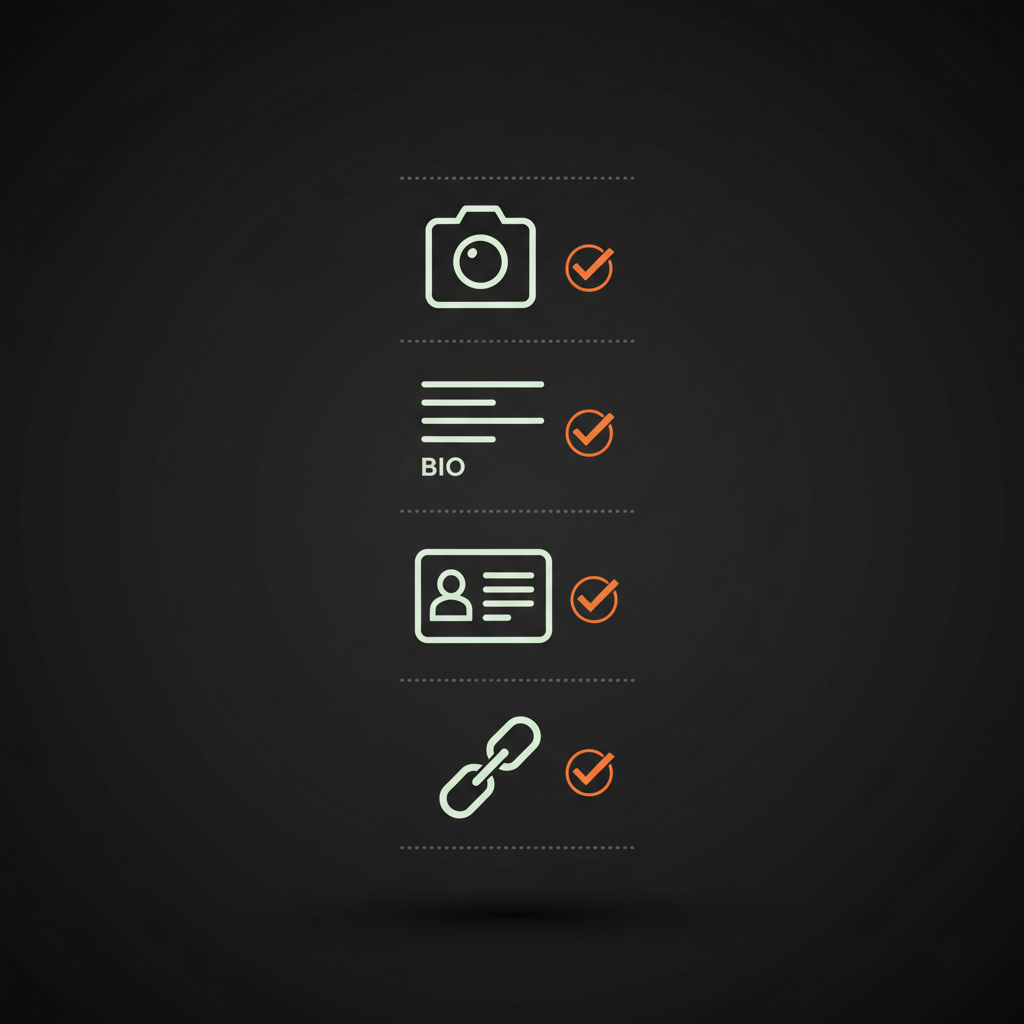 Full-frame minimalist infographic showing Instagram verification requirements checklist with vector icons for profile photo, bio, ID card and press links in brand colors.