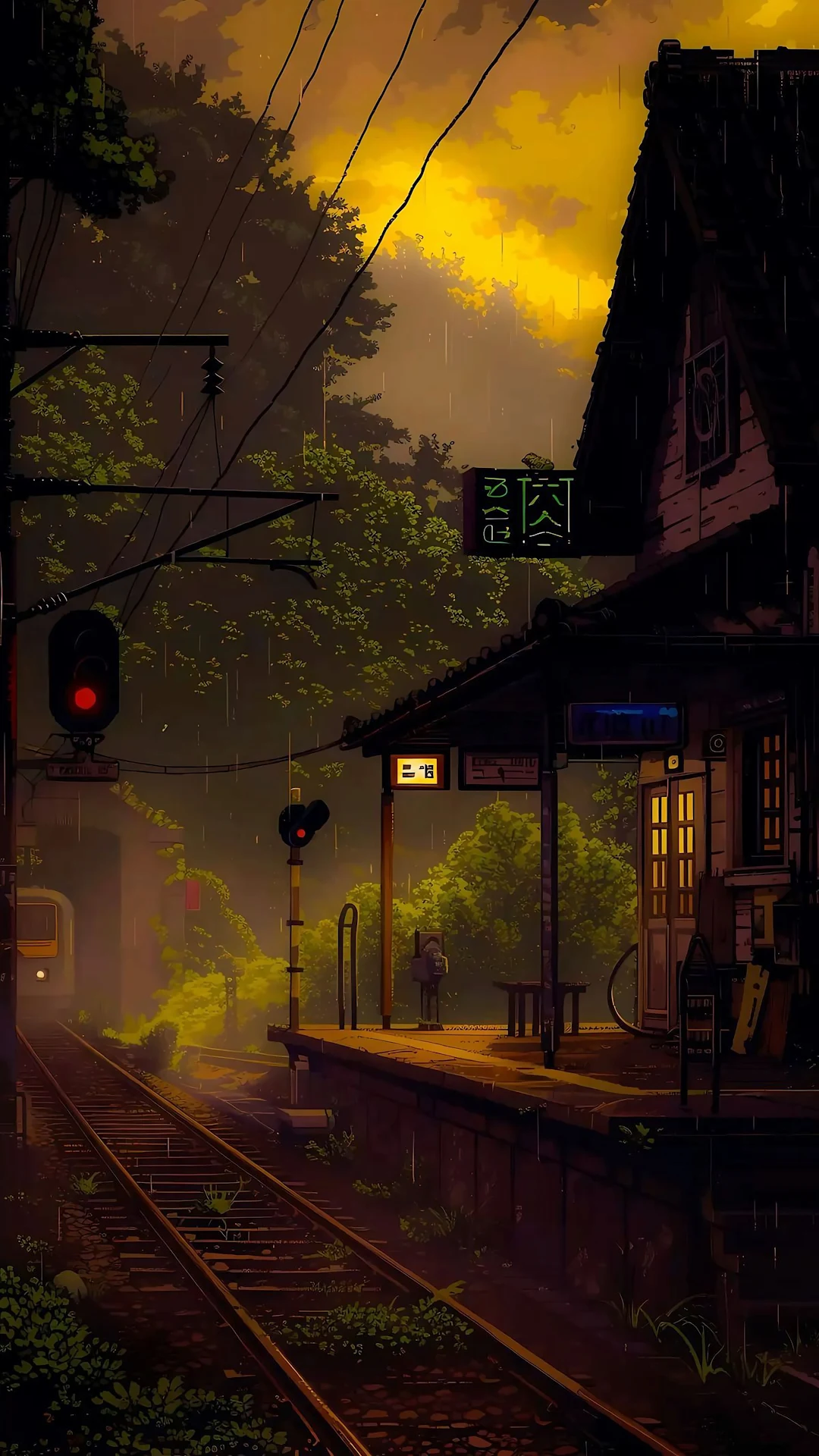 Gloomy Anime Train Station Sunset Pixel Art - Free 4K mobile Wallpaper