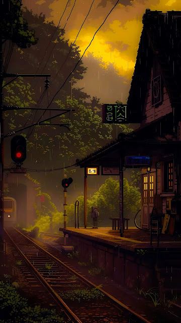 Gloomy Anime Train Station Sunset Pixel Art - Free mobile Wallpaper