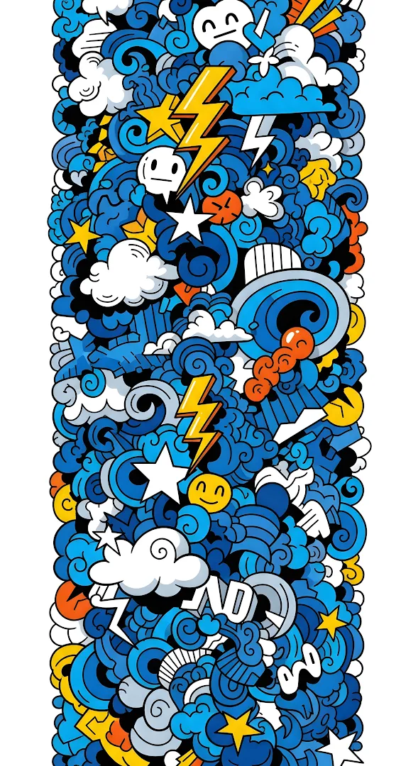 Chaotic Blue Doodle Pattern Vertical Cartoon Graffiti Style