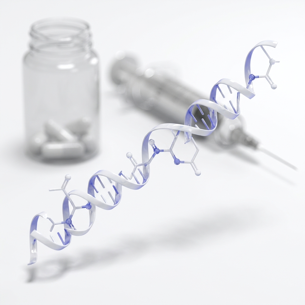 Close up full frame view of an amino acid chain illustration overlaid on a blurred pill bottle and syringe on a white background with blue hex 7173eb accents highlighting peptides chemistry