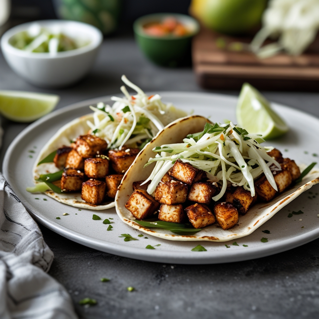 Crispy Korean BBQ Tofu Tacos with Mango Lime Slaw