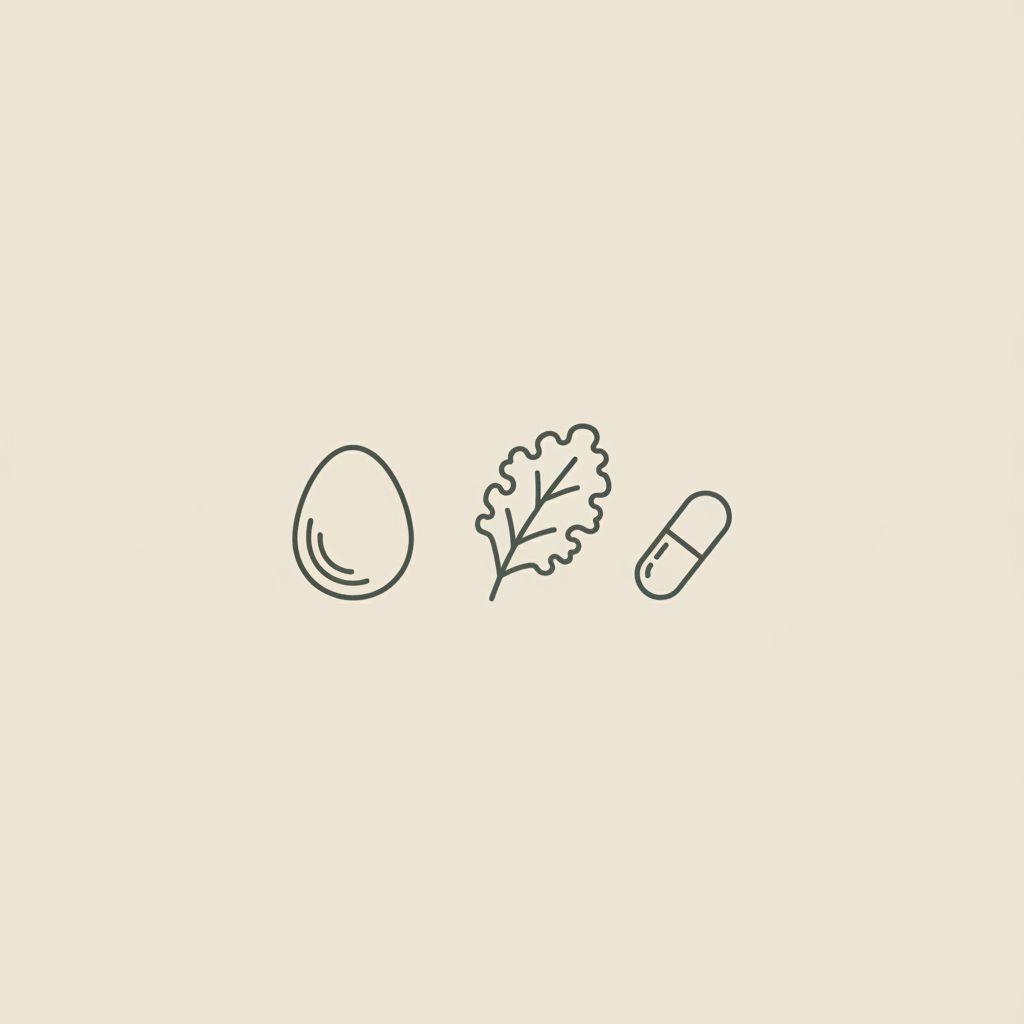 Minimalist 2D vector line illustration of an egg, a kale leaf, and a small capsule representing fat-soluble vitamins on a flat beige #F2E5D5 background
