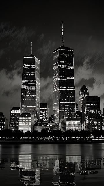 Iconic Twin Towers Cityscape Black and White Night View - Free mobile Wallpaper
