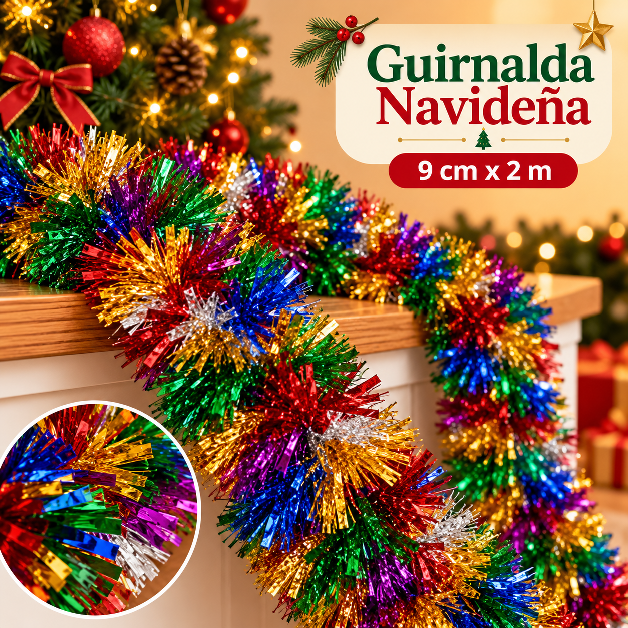 Guirnalda navideña de tinsel multicolor 9 cm x 2 m